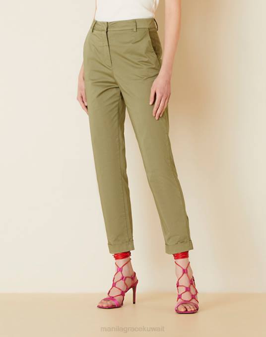 Manila Grace ملابس نحيف الأخضر العسكري تشينو من القطن الساتان Z2TJ422