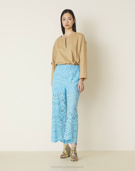 Manila Grace ملابس نحيف أزرق فاتح سروال قصير بالتطريز الإنجليزي Z2TJ424