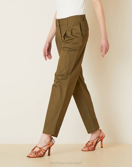 Manila Grace ملابس نحيف الأخضر العسكري بنطلون مع طيات من القطن المطاطي Z2TJ425