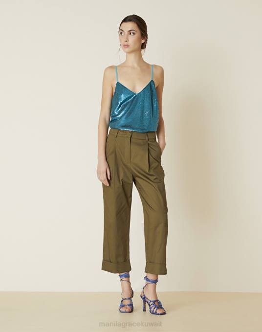 Manila Grace ملابس نحيف الأخضر العسكري بنطلون قصير من القطن المطاطي Z2TJ426