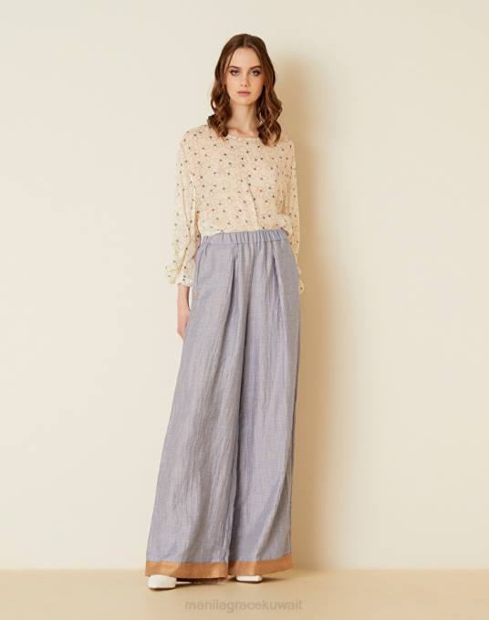 Manila Grace ملابس نحيف الغبار الأزرق / الكاكي الأخضر بنطال بالازو بلونين من الكتان Z2TJ430