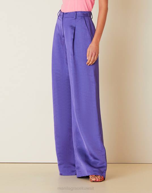 Manila Grace ملابس نحيف البنفسجي بنطلون بالازو من مزيج الكتان اللامع Z2TJ432