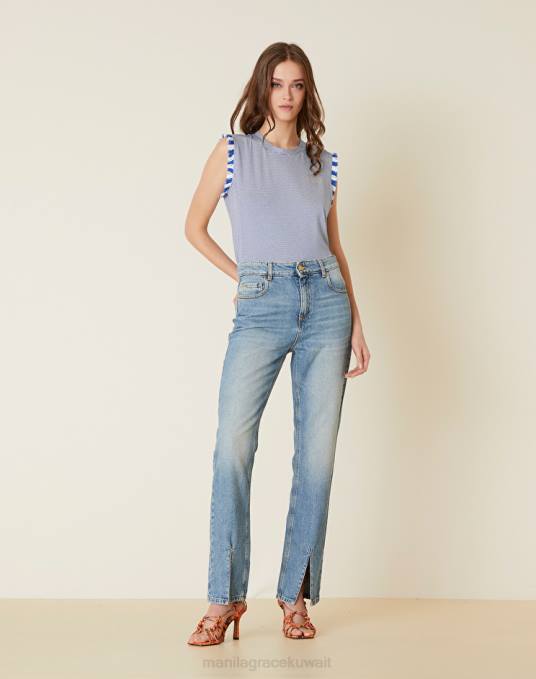 Manila Grace ملابس نحيف ازرق متوسط بنطال جينز مستقيم بفتحة Z2TJ436