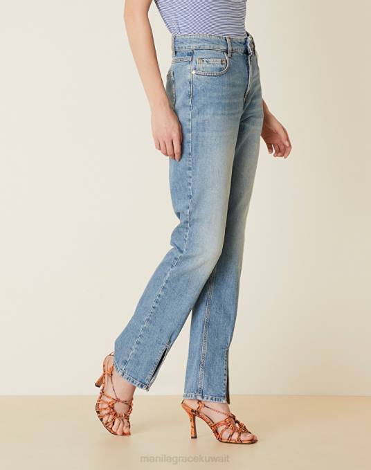 Manila Grace ملابس نحيف ازرق متوسط بنطال جينز مستقيم بفتحة Z2TJ436
