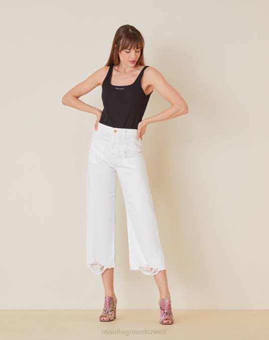 Manila Grace ملابس نحيف أبيض الجينز المتعثرة واسعة الساق Z2TJ439