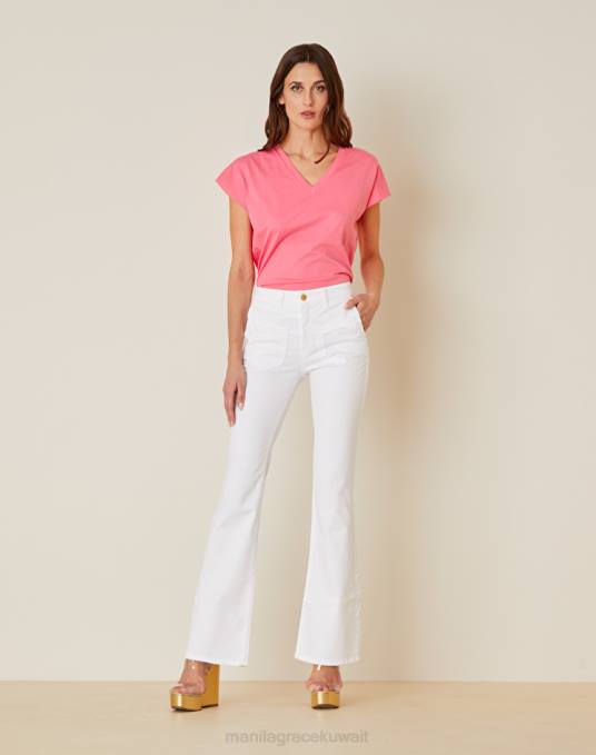 Manila Grace ملابس نحيف أبيض بنطلون واسع من قماش الدنيم المطاطي Z2TJ441