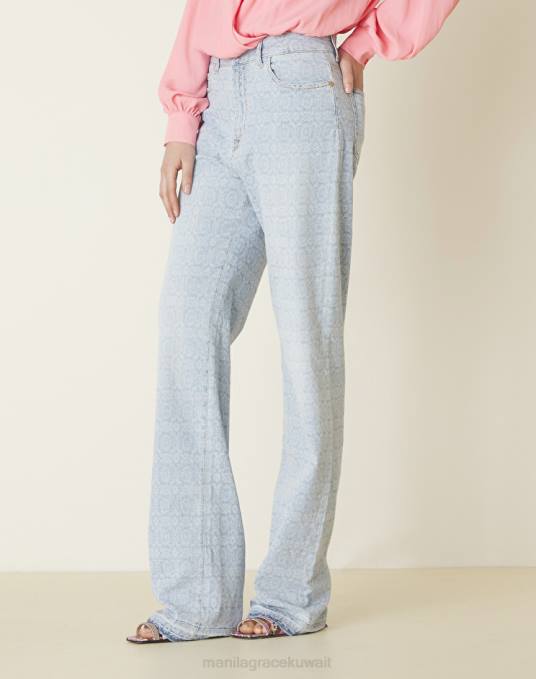 Manila Grace ملابس نحيف أزرق فاتح بنطلون جينز جاكار مستقيم Z2TJ444