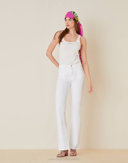 Manila Grace ملابس نحيف أبيض بنطال واسع من قماش الدنيم المطاطي Z2TJ450