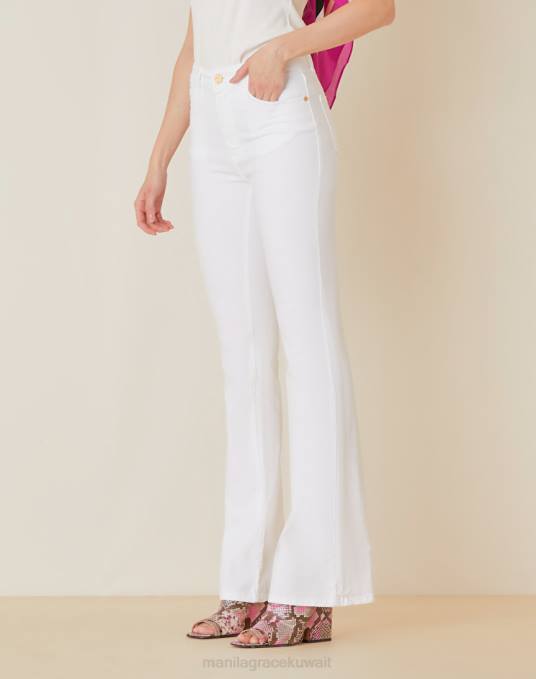 Manila Grace ملابس نحيف أبيض بنطال واسع من قماش الدنيم المطاطي Z2TJ450