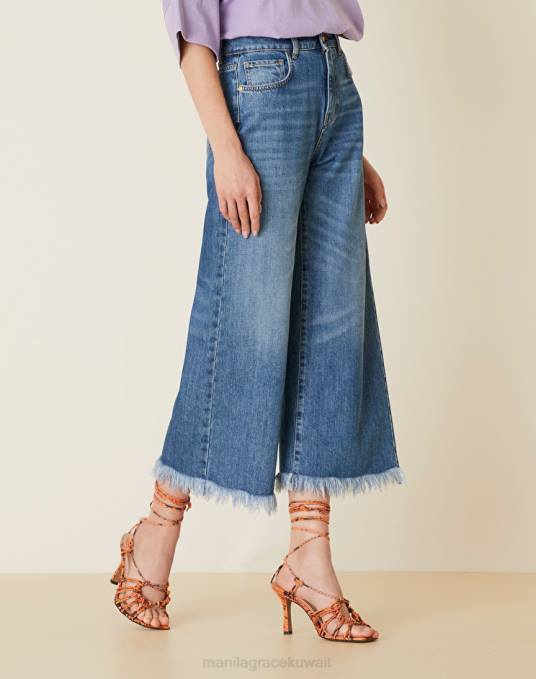 Manila Grace ملابس نحيف أزرق غامق جينز دينم واسع الساق مع أطراف أكمام متوترة Z2TJ452
