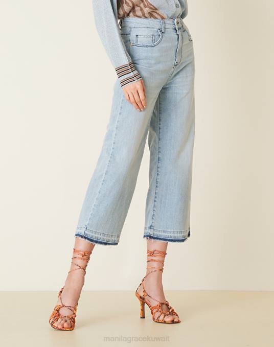 Manila Grace ملابس نحيف أزرق فاتح جينز واسع الساق من قماش الدنيم المطاطي Z2TJ454