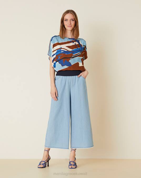 Manila Grace ملابس نحيف ازرق متوسط بنطال عند الكاحل مع نير متباين Z2TJ455