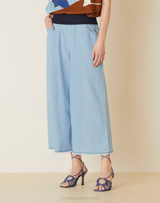 Manila Grace ملابس نحيف ازرق متوسط بنطال عند الكاحل مع نير متباين Z2TJ455