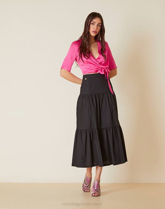 Manila Grace ملابس نحيف أسود تنورة ماكسي بطبقات من قماش البوبلين Z2TJ456