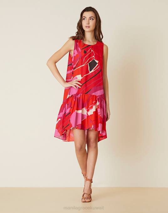 Manila Grace ملابس نحيف أحمر فستان قصير من القطن بطبقات وطبعة زهور Z2TJ46