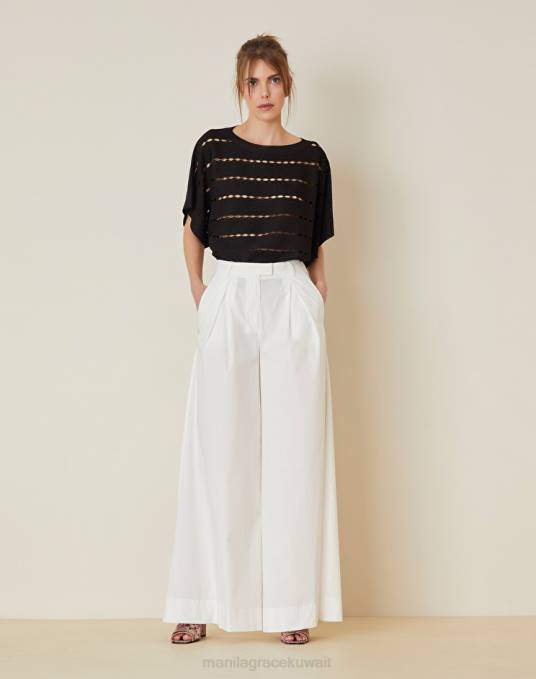 Manila Grace ملابس نحيف قبالة الأبيض بنطلون بالازو بلون خالص Z2TJ462