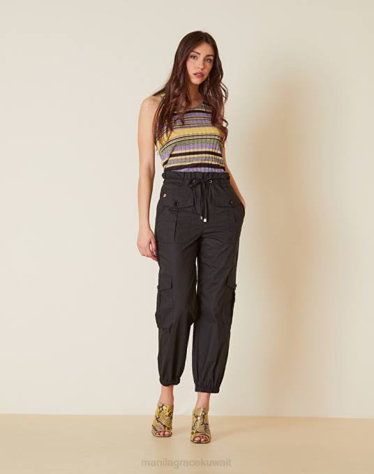 Manila Grace ملابس نحيف أسود بنطال كارجو من قماش البوبلين القطني Z2TJ463