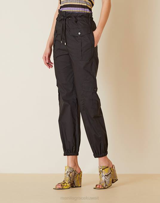 Manila Grace ملابس نحيف أسود بنطال كارجو من قماش البوبلين القطني Z2TJ463