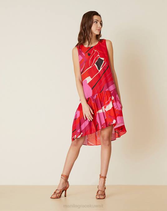 Manila Grace ملابس نحيف أحمر فستان قصير من القطن بطبقات وطبعة زهور Z2TJ46