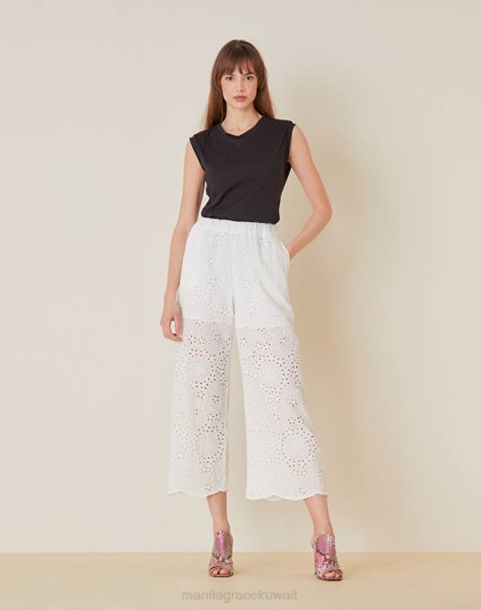 Manila Grace ملابس نحيف حليب ابيض سروال قصير بالتطريز الإنجليزي Z2TJ472