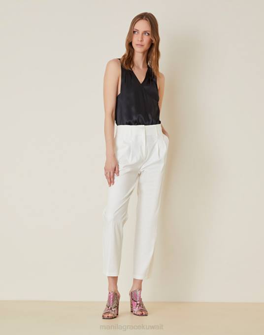 Manila Grace ملابس نحيف حليب ابيض بنطلون مع طيات من القطن المطاطي Z2TJ473