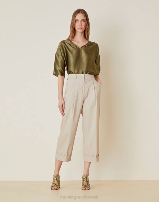 Manila Grace ملابس نحيف كاكي الأخضر بنطلون قصير من القطن المطاطي Z2TJ475