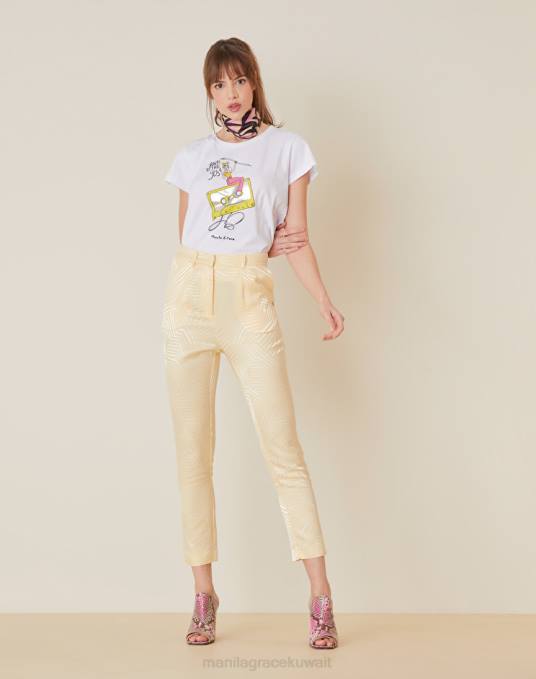 Manila Grace ملابس نحيف البيج الرملي بنطال نيويورك مصنوع من مزيج قطن الجاكار Z2TJ485