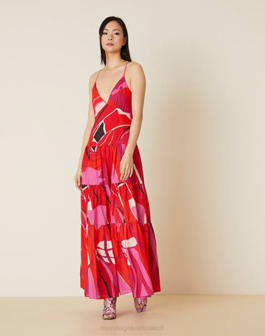 Manila Grace ملابس نحيف أحمر فستان ميدي بطبقات من القطن مع طباعة زهور Z2TJ49