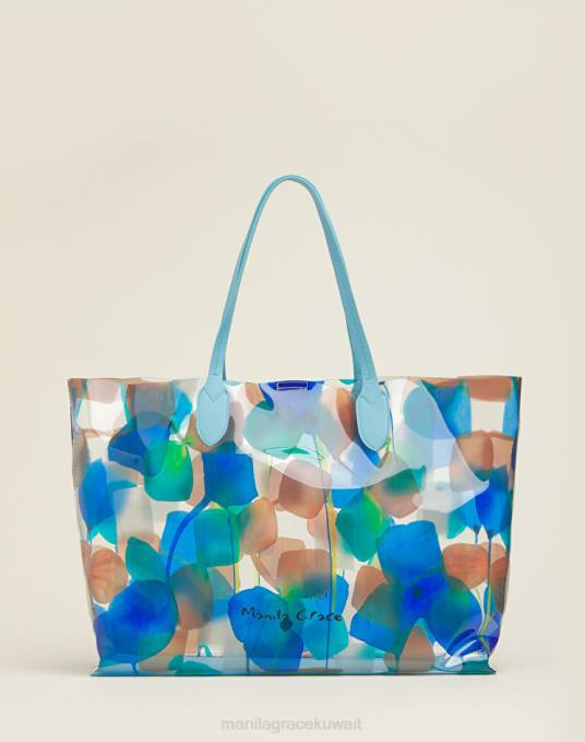 Manila Grace شنطة نحيف أزرق فاتح حقيبة تسوق الشاطئ البلاستيكية المطبوعة بالأزهار Z2TJ492