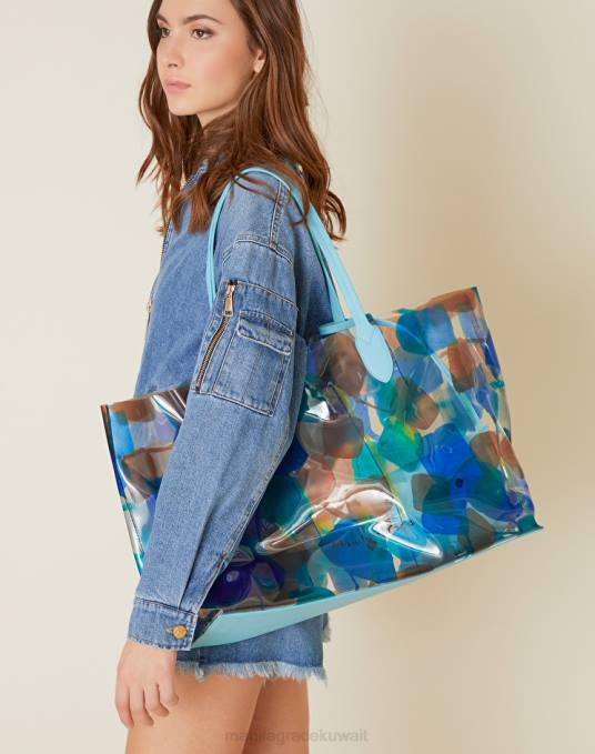 Manila Grace شنطة نحيف أزرق فاتح حقيبة تسوق الشاطئ البلاستيكية المطبوعة بالأزهار Z2TJ492