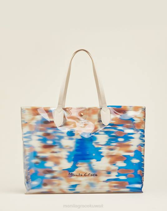 Manila Grace شنطة نحيف التبغ البني حقيبة تسوق الشاطئ البلاستيكية ذات الطباعة التجريدية Z2TJ494