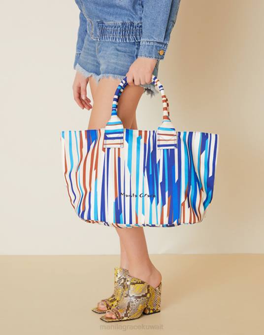 Manila Grace شنطة نحيف محيط أزرق حقيبة تسوق للشاطئ مصنوعة من قماش مخطط Z2TJ499