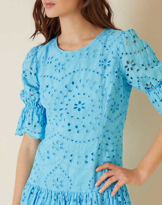 Manila Grace ملابس نحيف أزرق فاتح فستان سانجالو من القطن بكشكشة Z2TJ4