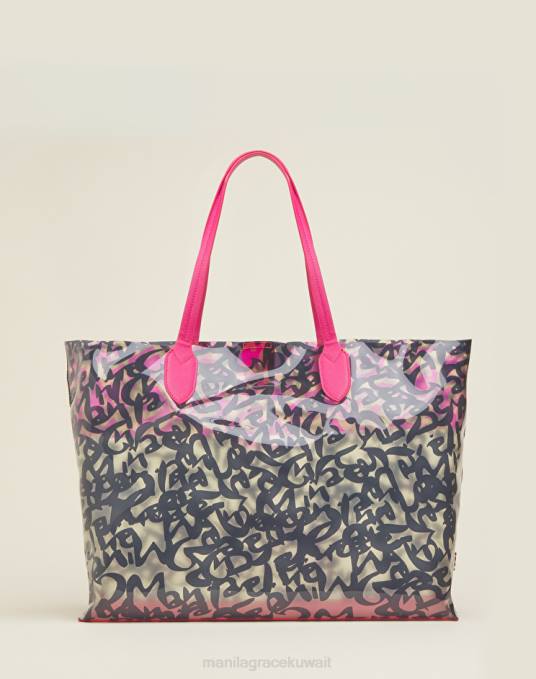 Manila Grace شنطة نحيف أسود حقيبة تسوق الشاطئ البلاستيكية بطباعة الشعار Z2TJ503