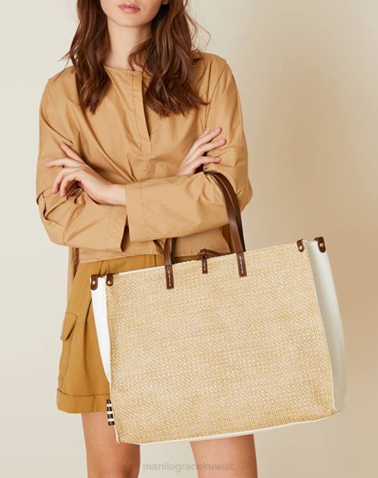 Manila Grace شنطة نحيف الكاكي/الحليب الأبيض فيليسيا حقيبة كبيرة من القش والكروكو Z2TJ506