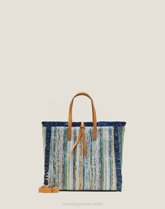 Manila Grace شنطة نحيف أزرق فاتح فيليسيا كيس قش متوسط ​​مع هامش Z2TJ551