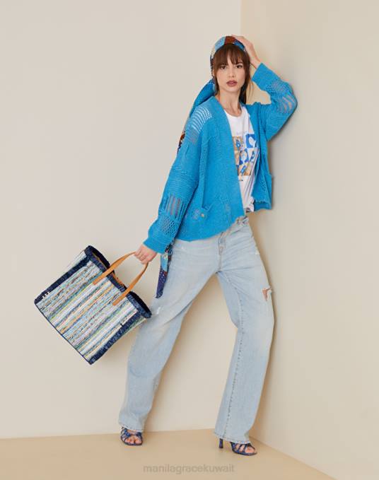 Manila Grace شنطة نحيف أزرق فاتح فيليسيا كيس قش متوسط ​​مع هامش Z2TJ551