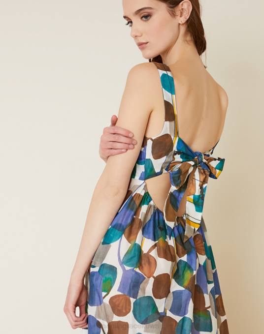 Manila Grace ملابس نحيف حليب ابيض فستان طويل من القطن بطبعة شجرة تجريدية Z2TJ57