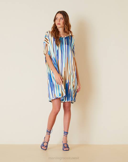 Manila Grace ملابس نحيف محيط أزرق فستان فضفاض مع طباعة مخططة Z2TJ58