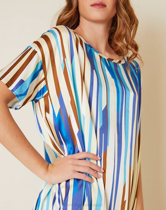 Manila Grace ملابس نحيف محيط أزرق فستان فضفاض مع طباعة مخططة Z2TJ58