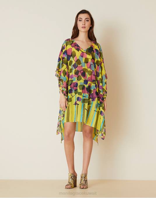 Manila Grace ملابس نحيف أصفر قفطان من الفوال بطبعات الأزهار Z2TJ599