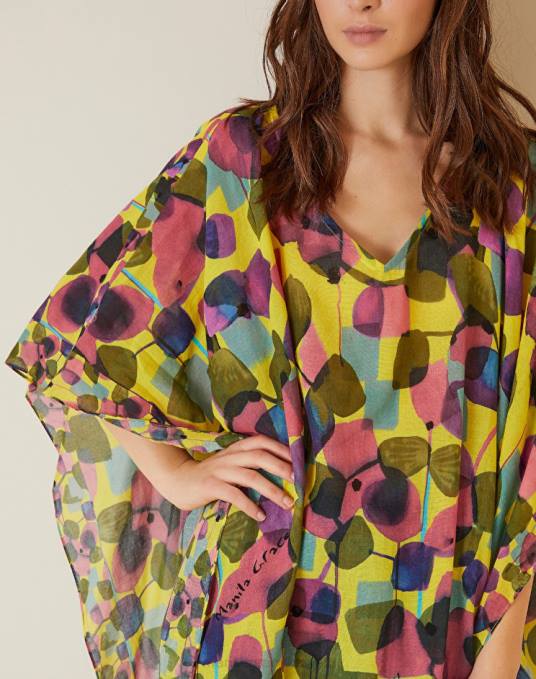 Manila Grace ملابس نحيف أصفر قفطان من الفوال بطبعات الأزهار Z2TJ599