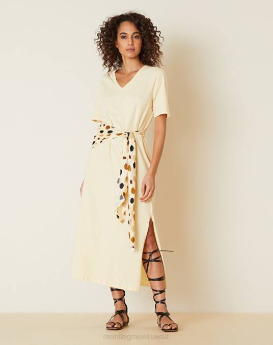 Manila Grace ملابس نحيف البيج الرملي فستان من القطن مع شق Z2TJ6