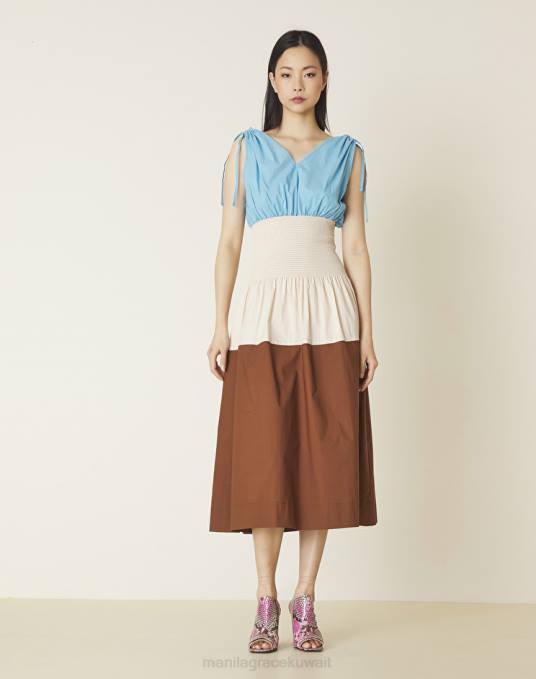 Manila Grace ملابس نحيف أزرق فاتح/أبيض حليبي فستان ميدي قطن Z2TJ60