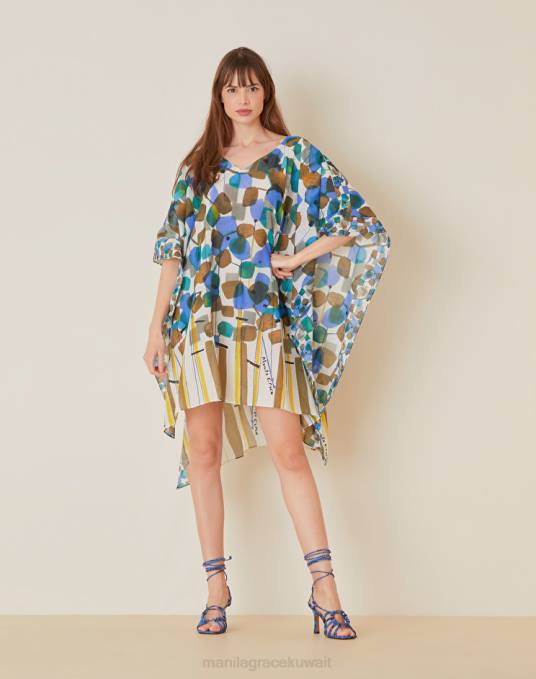 Manila Grace ملابس نحيف حليب ابيض قفطان من الفوال بطبعات الأزهار Z2TJ600