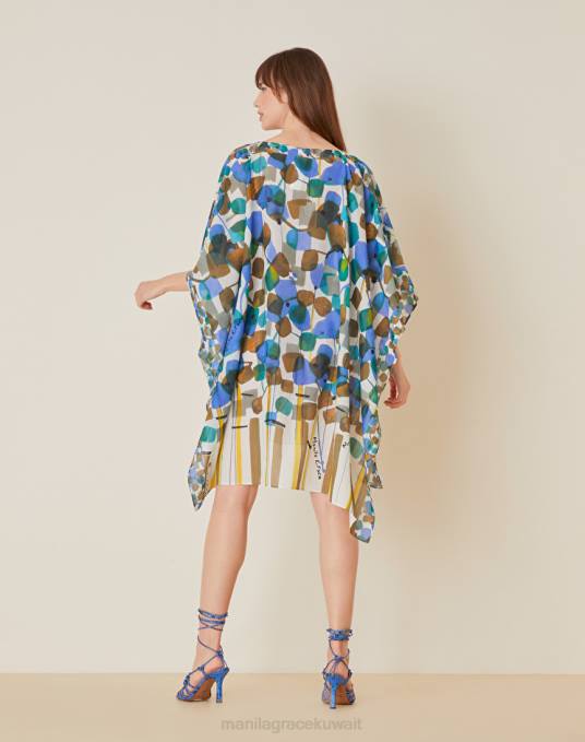 Manila Grace ملابس نحيف حليب ابيض قفطان من الفوال بطبعات الأزهار Z2TJ600