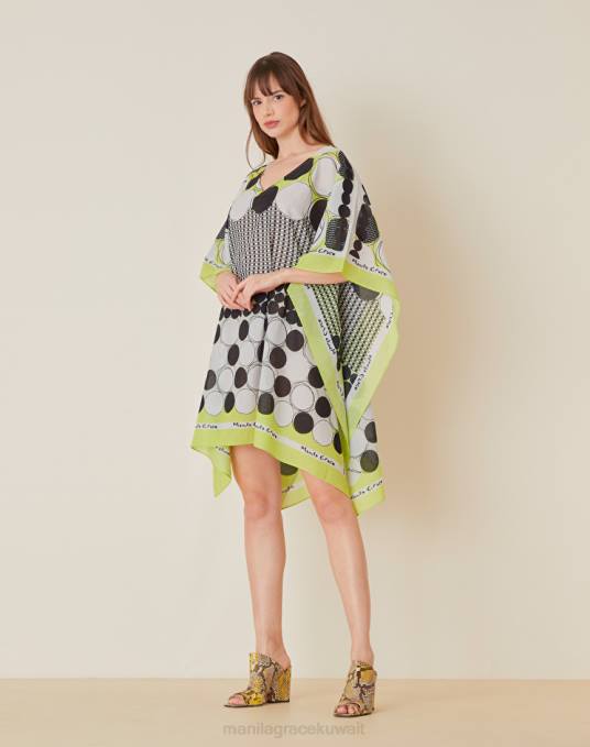 Manila Grace ملابس نحيف الأخضر الحمضي قفطان فوال بوا مطبوع Z2TJ602