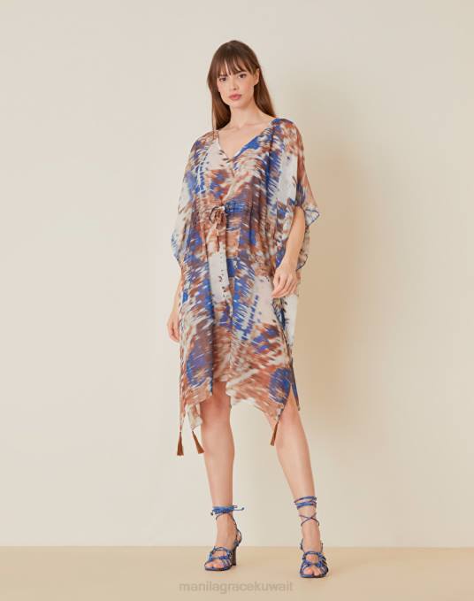 Manila Grace ملابس نحيف التبغ البني قفطان من الشيفون مع الرباط Z2TJ604