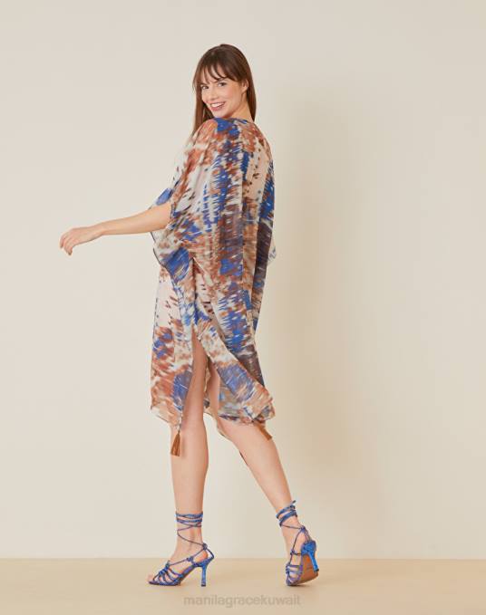 Manila Grace ملابس نحيف التبغ البني قفطان من الشيفون مع الرباط Z2TJ604