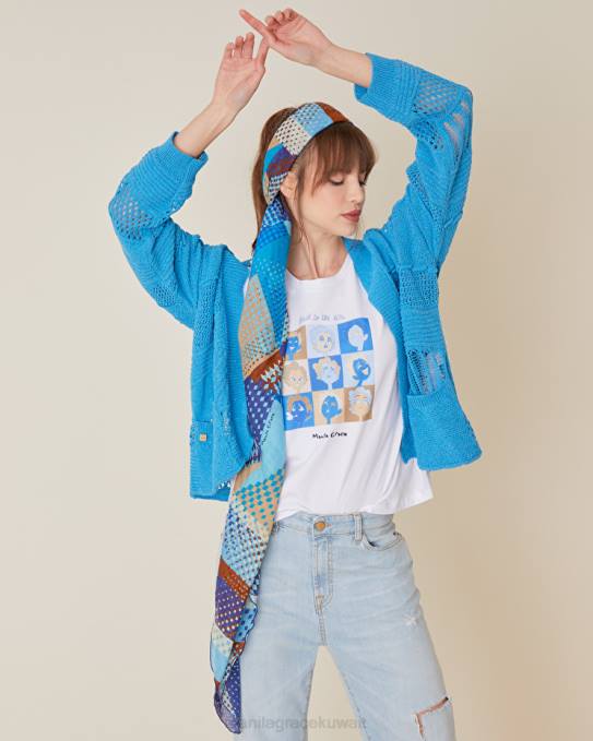 Manila Grace ملحق نحيف محيط أزرق وشاح على شكل أرجوحة من الفوال الحريري والقطني مزين بطبعات مرقعة Z2TJ608